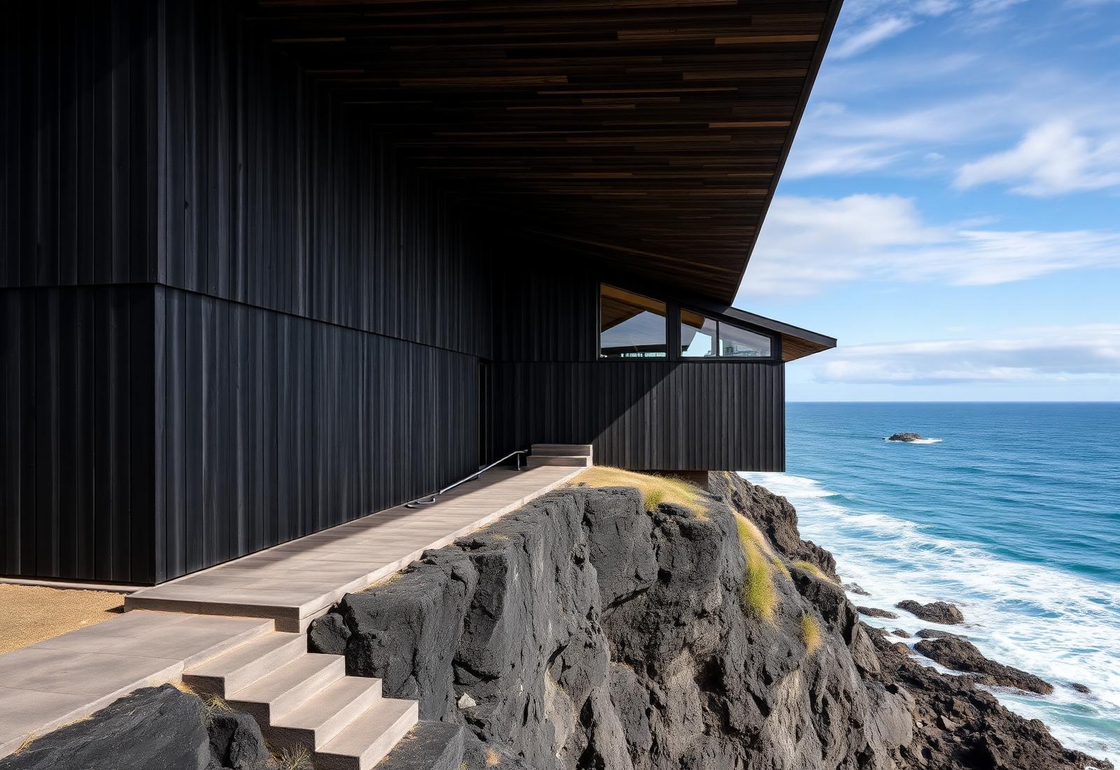The Obsidian Retreat — charred timber cliffside residence